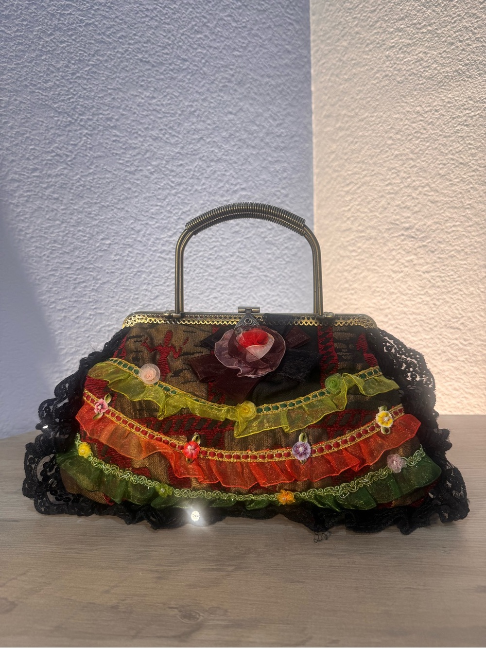 Three Flower Boho Tapestry Frame Purse Lace Floral Appliqué Metal Handle